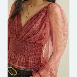 ANTHROPOLOGY NWT wine tulle smocked top puffed sleeve V neck Size L